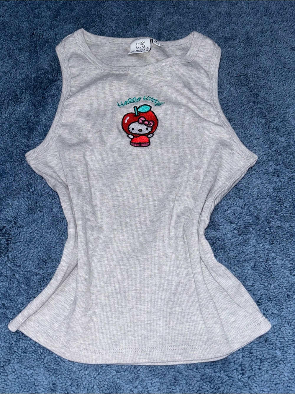 Hello Kitty Gray Ribbed Tank Top with Apple Embroidery